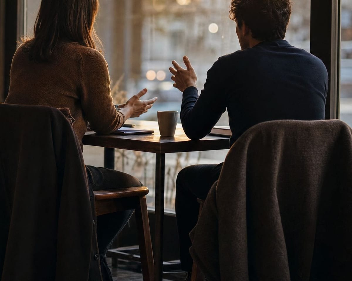 Two people talking across a small cafe table by a window in warm afternoon light.