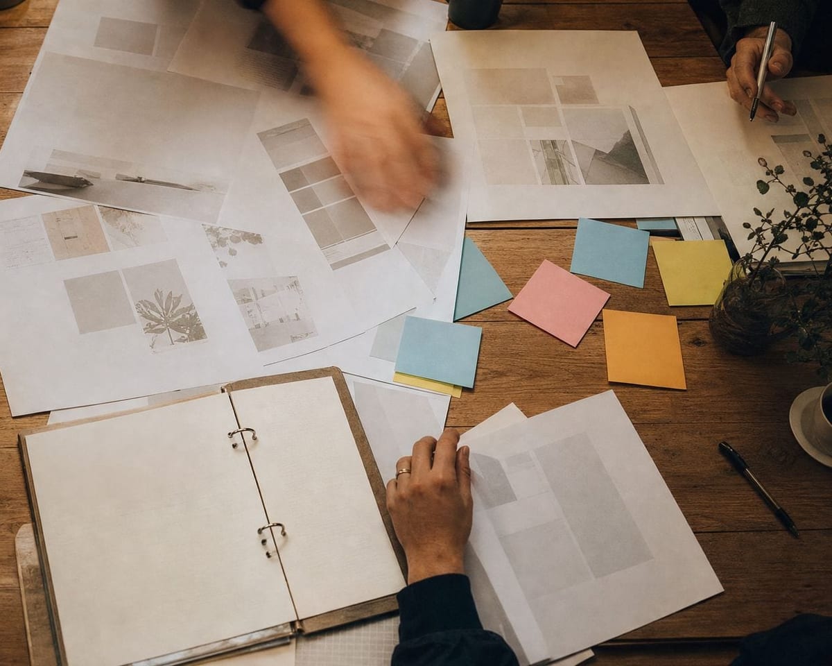 An overhead view of a desk covered in printed sheets, coloured sticky notes and an open ring binder, with a hand sorting the pages.
