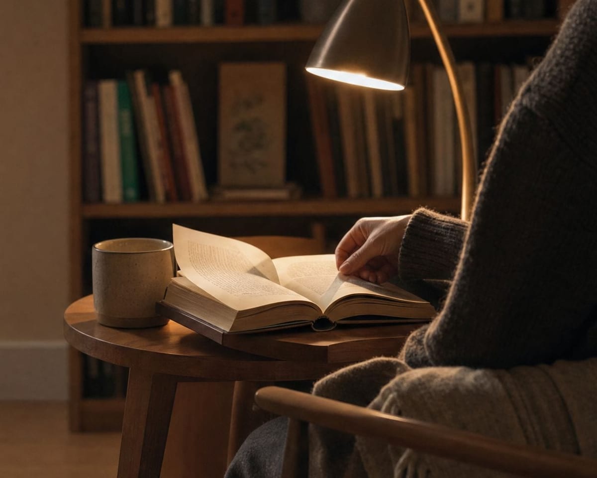 A person reading an open book at a small round table beside a lamp and a bookshelf.