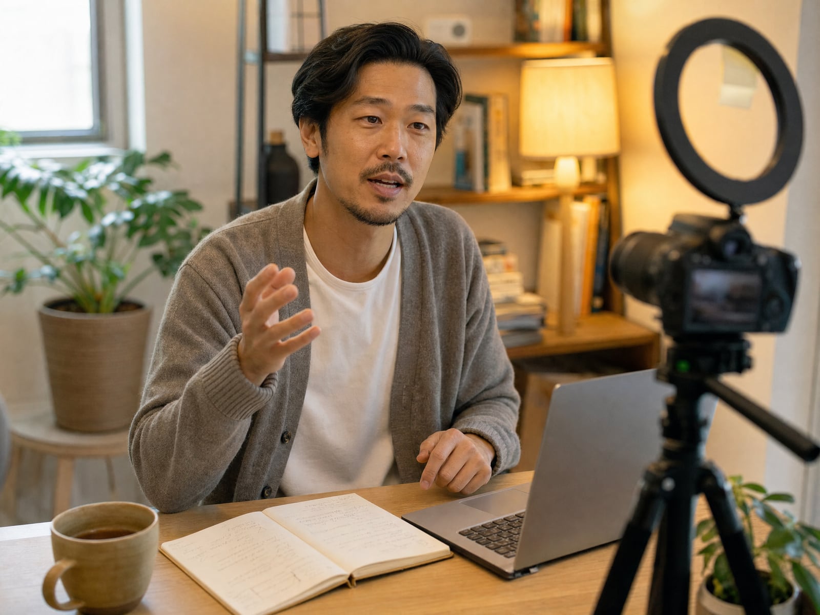 A man in a cardigan sits at a desk gesturing mid-sentence toward a camera on a tripod with a ring light, with an open handwritten notebook, a laptop, and a mug of tea in front of him.