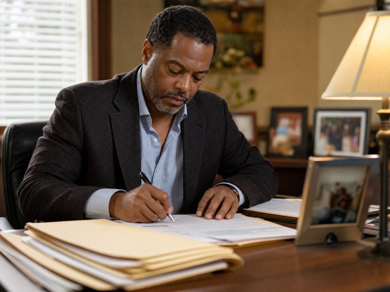 A man in a suit jacket sits at a wood desk signing a paper form, with manila client folders stacked in front of him, framed family photos, and a lit desk lamp beside him.
