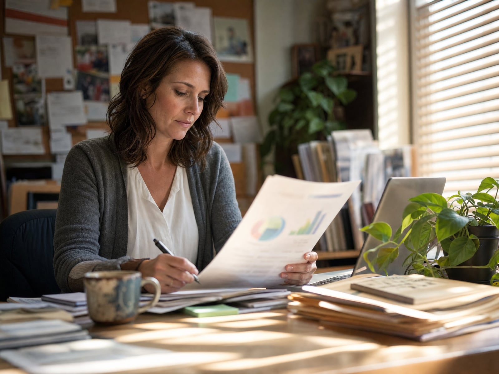 A woman in a cardigan sits at a cluttered desk in a small office, writing notes while holding a printed chart, with a corkboard of pinned photos and papers, stacked binders, a coffee mug, and a potted plant around her.